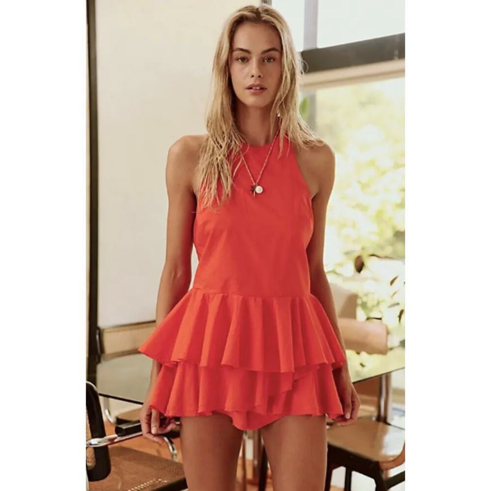 Free People Printemps Moment Halter Peplum Top Tangerine Orange Medium NWOT